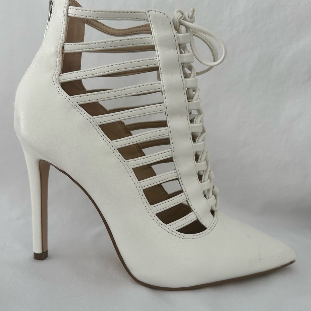 White caged heel booties